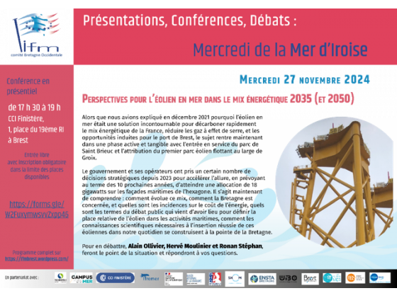 Conférence : Mercredi de la Mer d'Iroise - Perspectives pour l'éolien en mer dans le mix energétique 2035 ( et 2050)